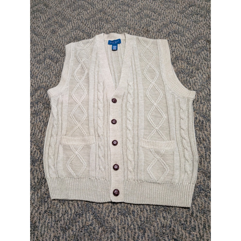 Towncraft Mens Beige Cable Knit Button Front Cardigan Sweater Vest Large Pockets